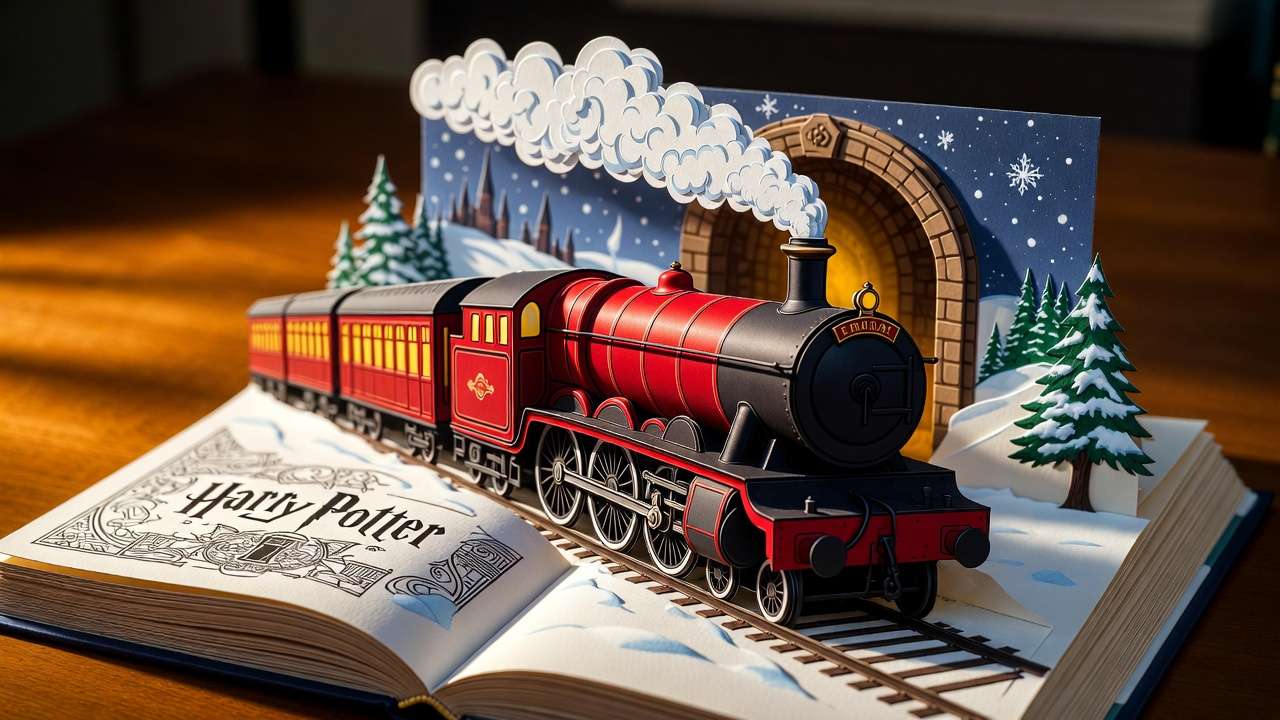 MinaLima interactive illustrated Harry Potter book open with Hogwarts Express pop-up