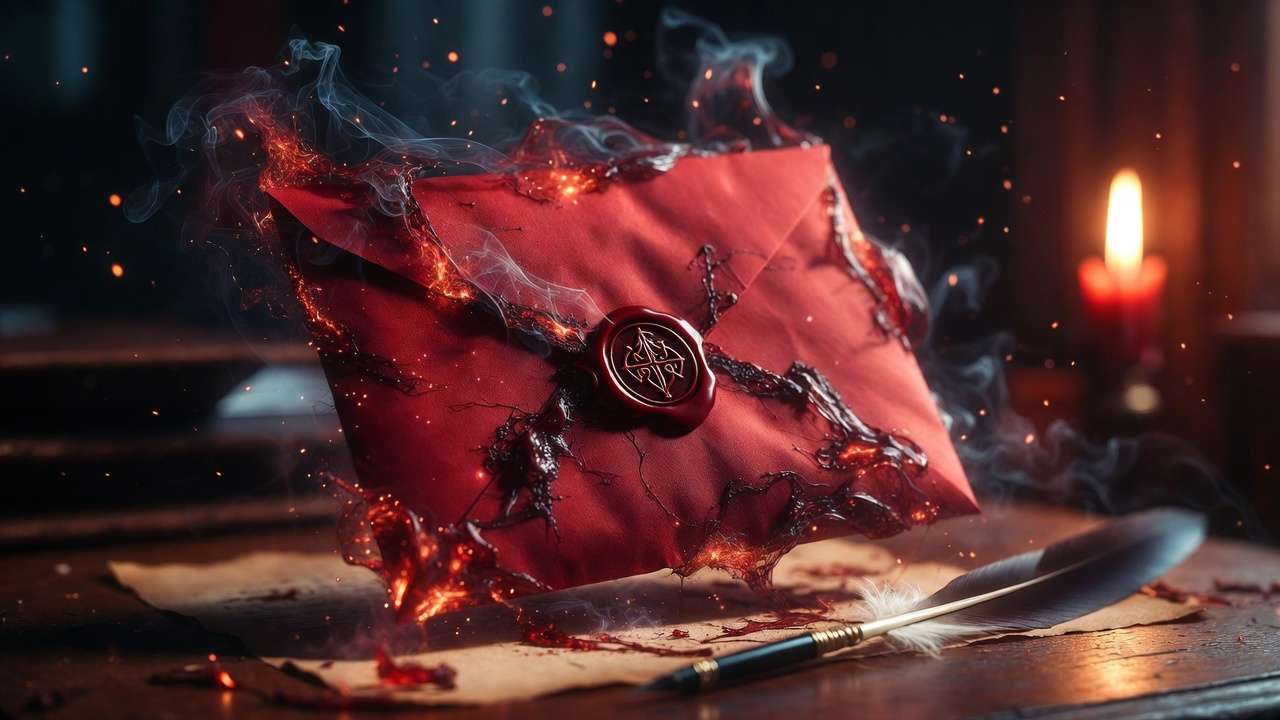 Enchanted glowing scarlet Howler envelope hovering with magical red energy and smoke, representing creation and danger in Harry Potter