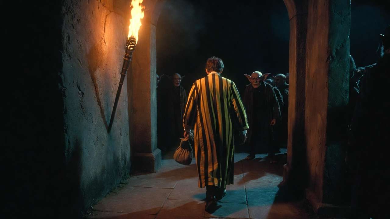 Ludo Bagman fleeing Ministry corridor pursued by goblin creditors