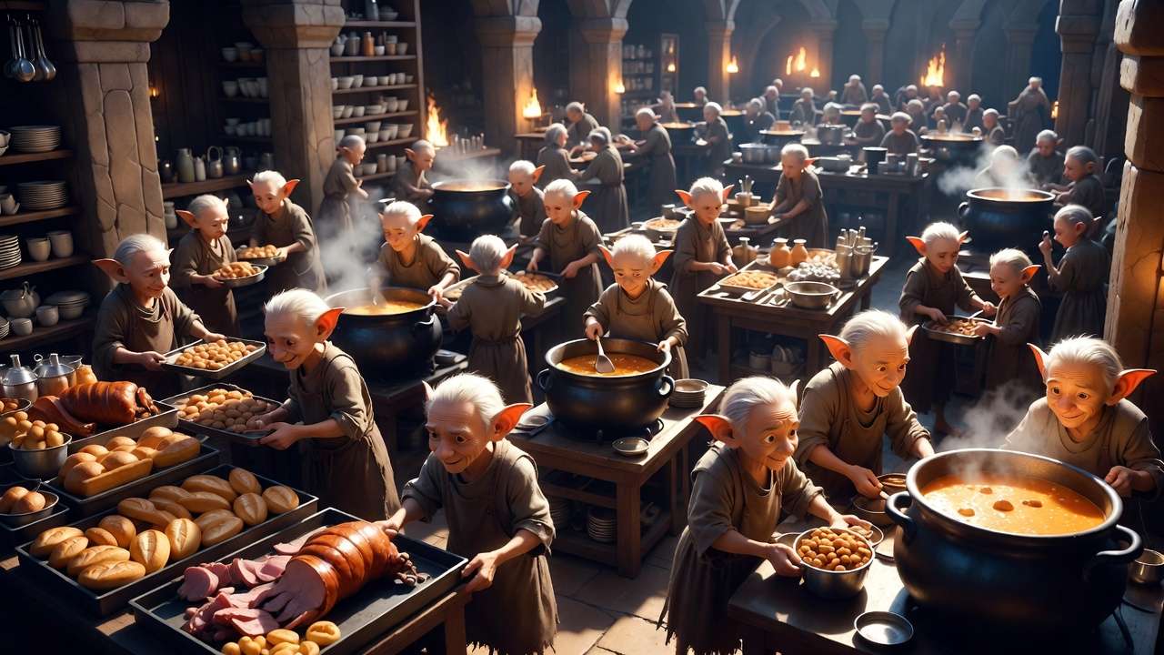 House-elves working contentedly in Hogwarts kitchens, illustrating the cultural debate around Hermione's house-elf rights activism.