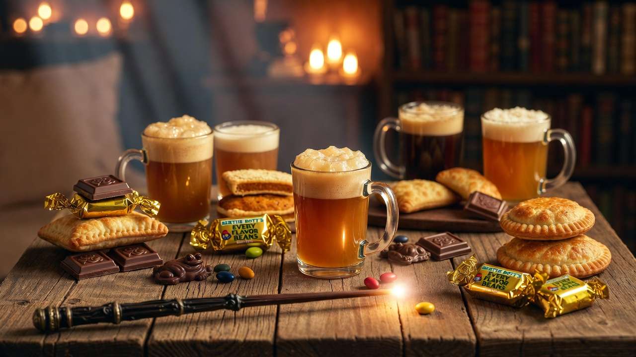 Harry Potter themed snacks and butterbeer for enhanced legal movie streaming night