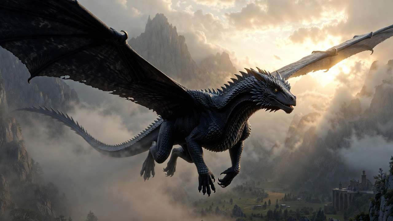 Adult Norberta Norwegian Ridgeback dragon flying over Romanian mountains sanctuary, Harry Potter