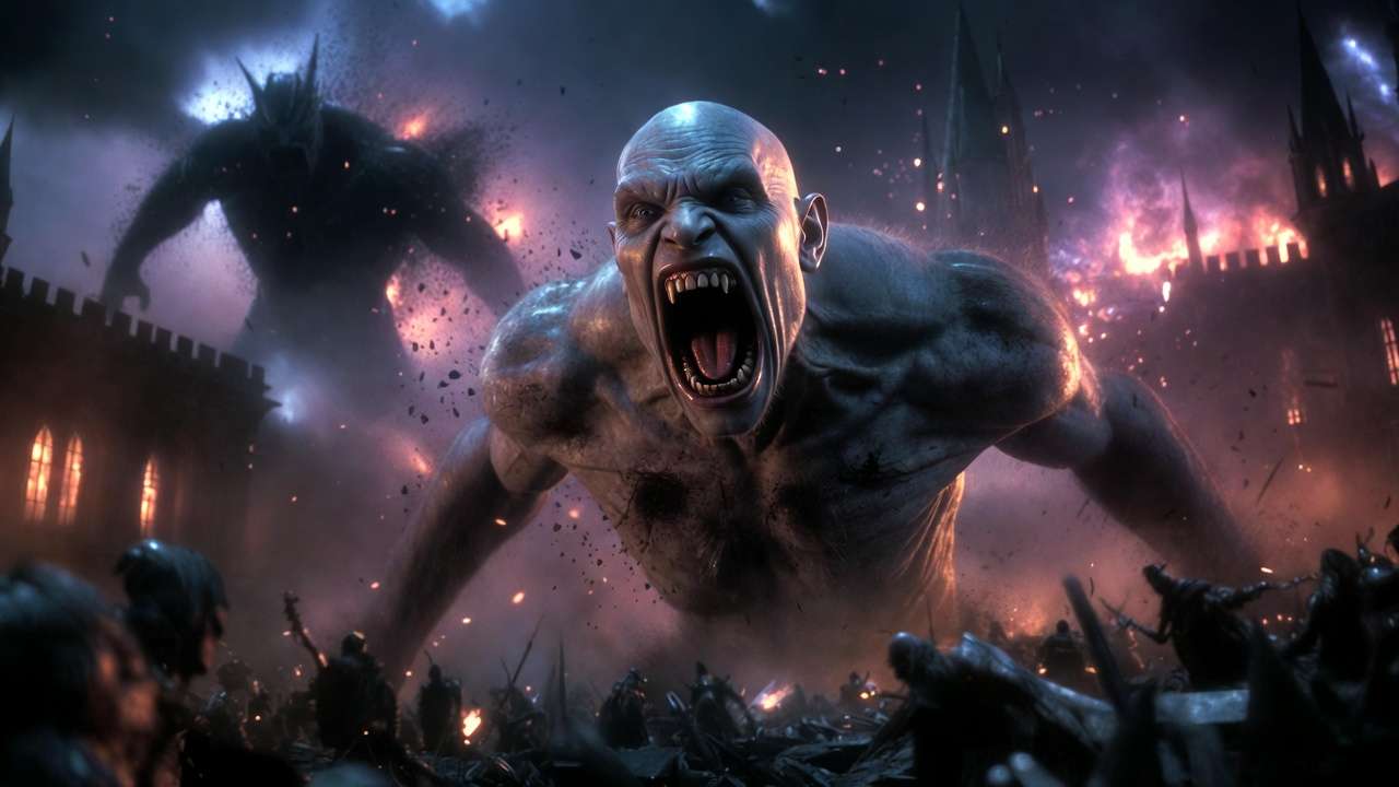 Grawp fighting enemy giants during the Battle of Hogwarts, showcasing his transformation into a loyal hero