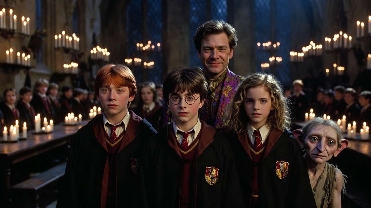 Harry Potter Chamber of Secrets cast featuring the Golden Trio with Gilderoy Lockhart and Dobby in Hogwarts Great Hall