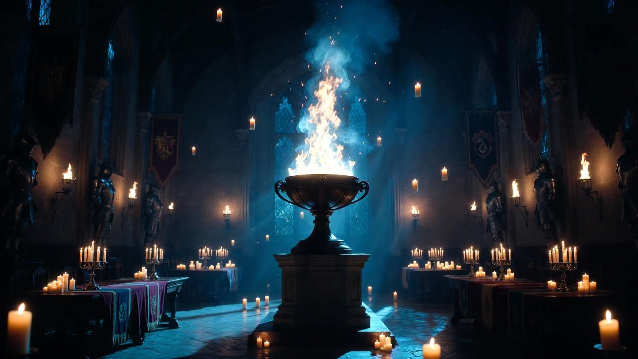 Hogwarts Great Hall with the Goblet of Fire burning intensely during the Triwizard champion selection