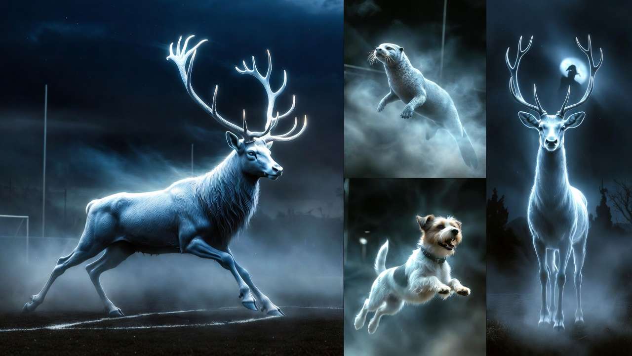 Famous Harry Potter Patronuses stag otter Jack Russell doe glowing silver in action scenes