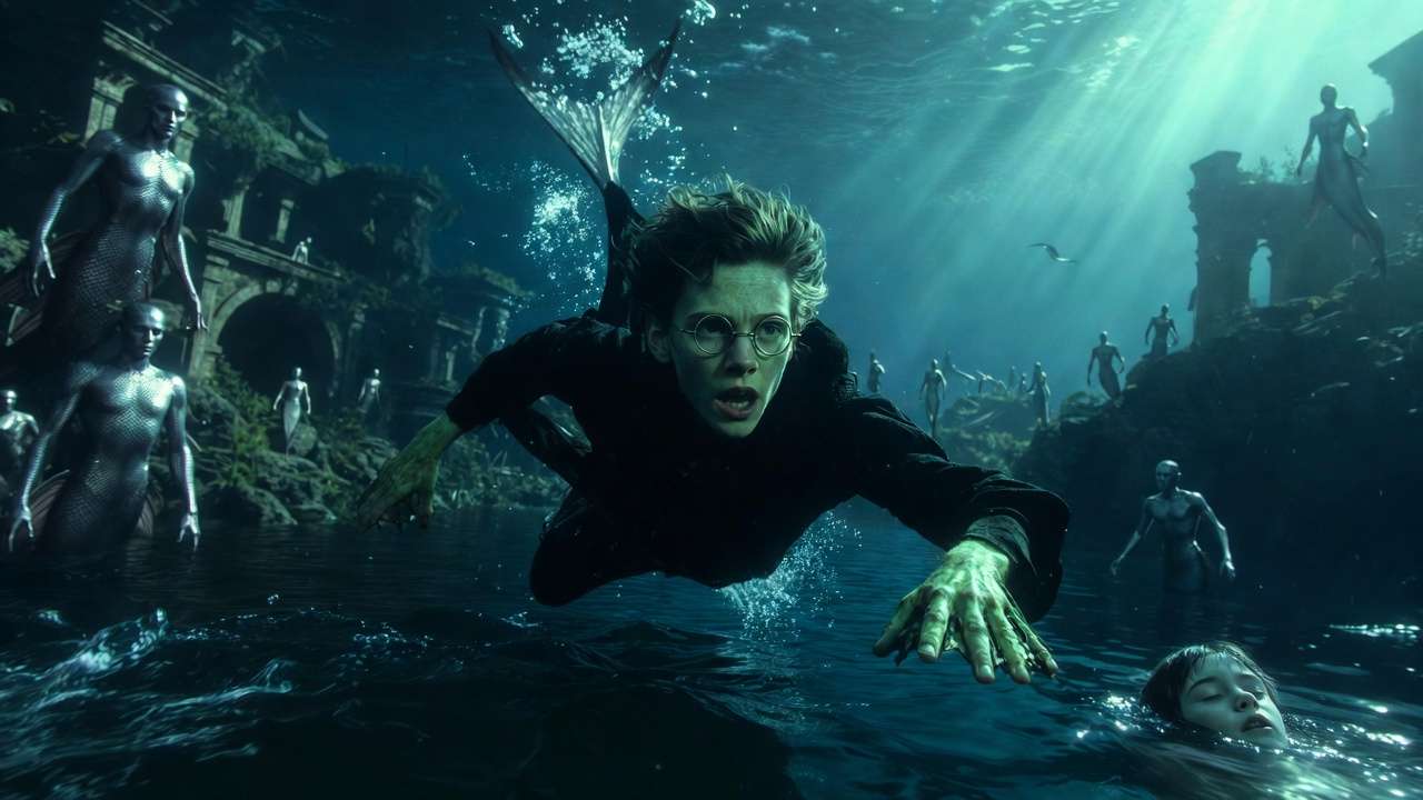 Harry Potter swimming underwater with Gillyweed to rescue hostages in the Black Lake during the second Triwizard Tournament task