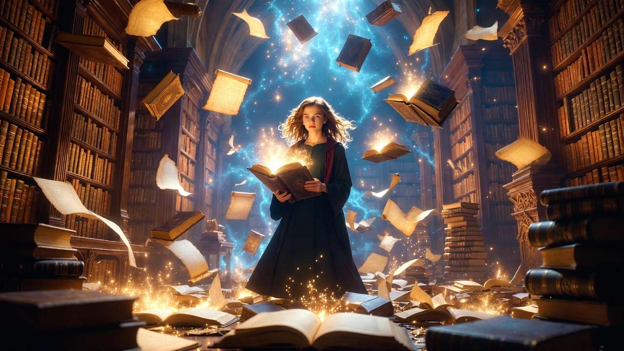 Hermione Granger in Hogwarts library surrounded by magical floating books symbolizing Gen Z slang decoding