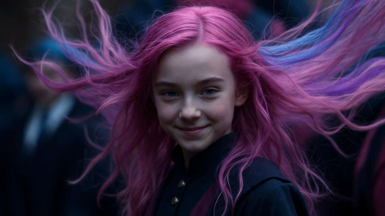 Nymphadora Tonks with vibrant color-changing hair as a Metamorphmagus in Harry Potter
