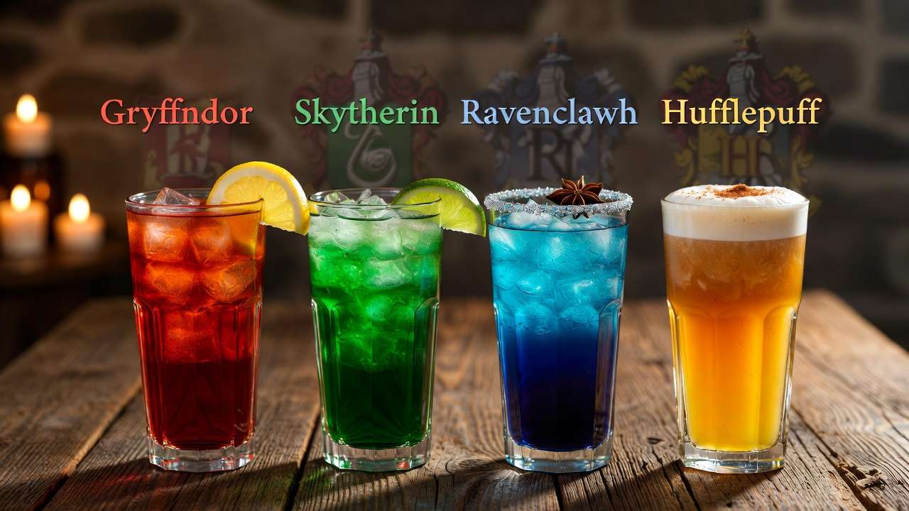 Four Hogwarts house-themed magical cocktails in red, green, blue, and gold colors