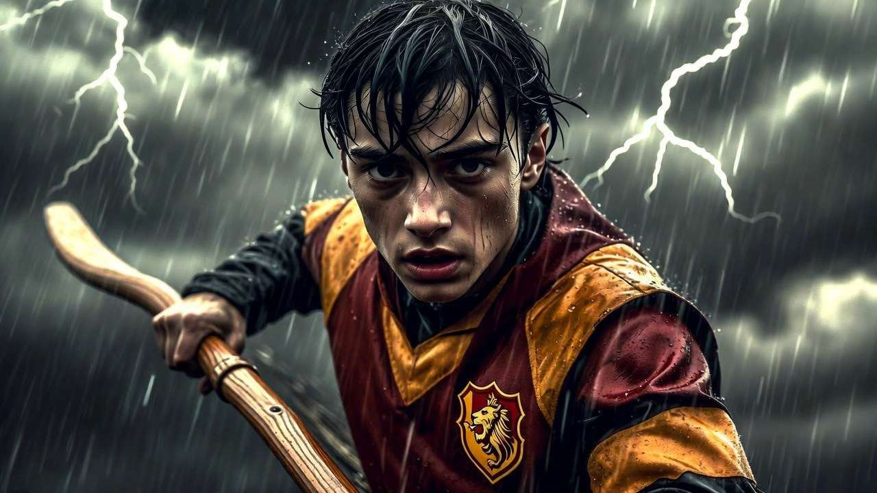 Intense close-up of Oliver Wood during a rainy Quidditch match in Harry Potter