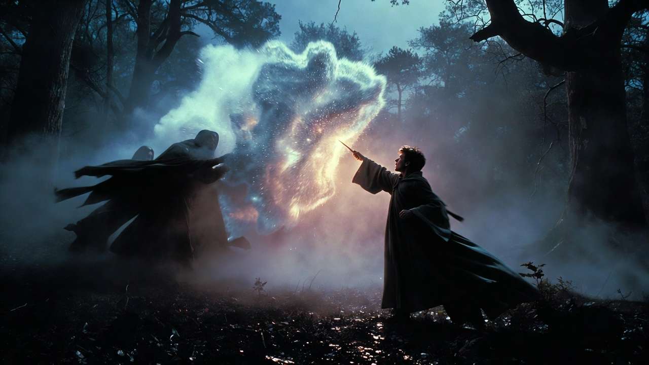 Silver non-corporeal Patronus burst repelling Dementors in misty forest Harry Potter magic