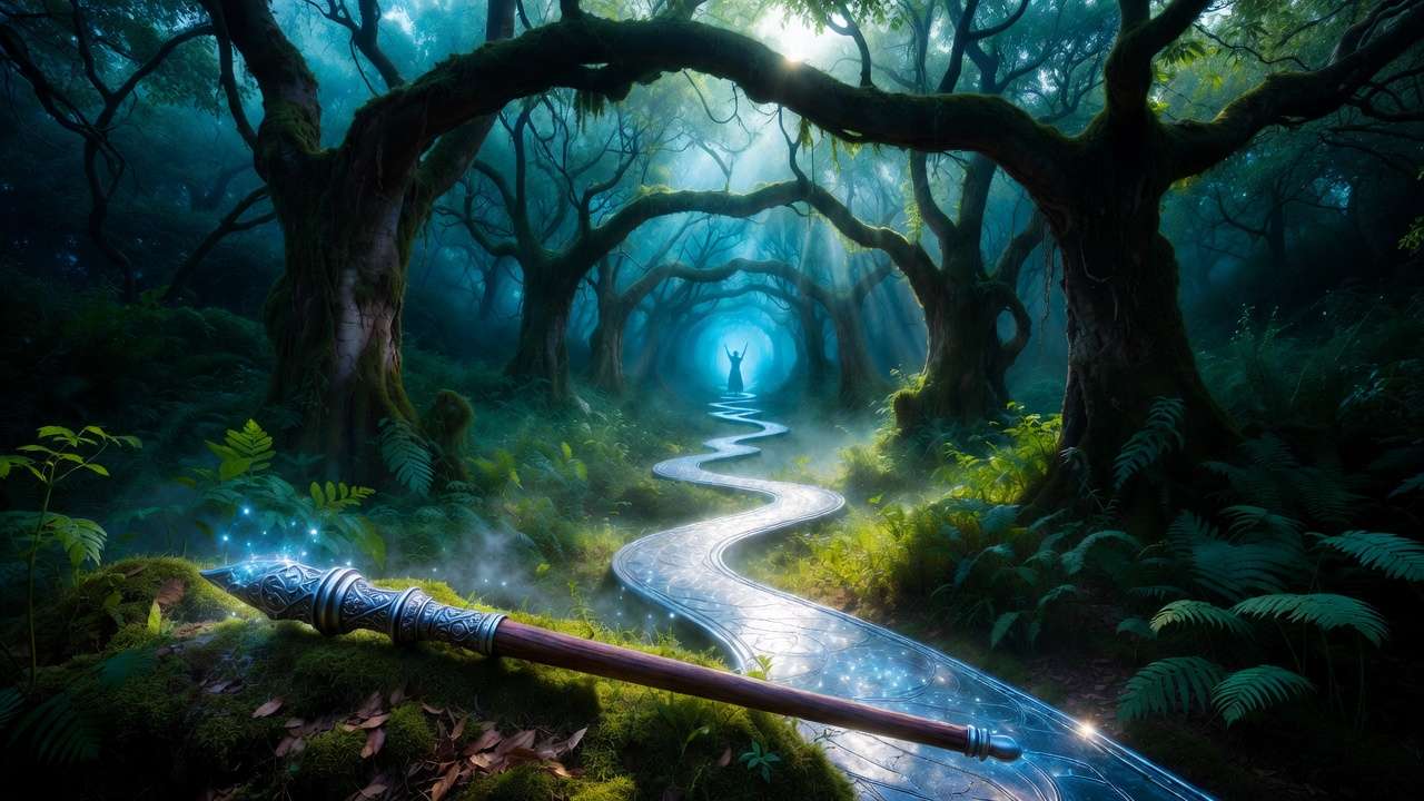 Mystical forest path glowing silver for Harry Potter official Patronus quiz experience