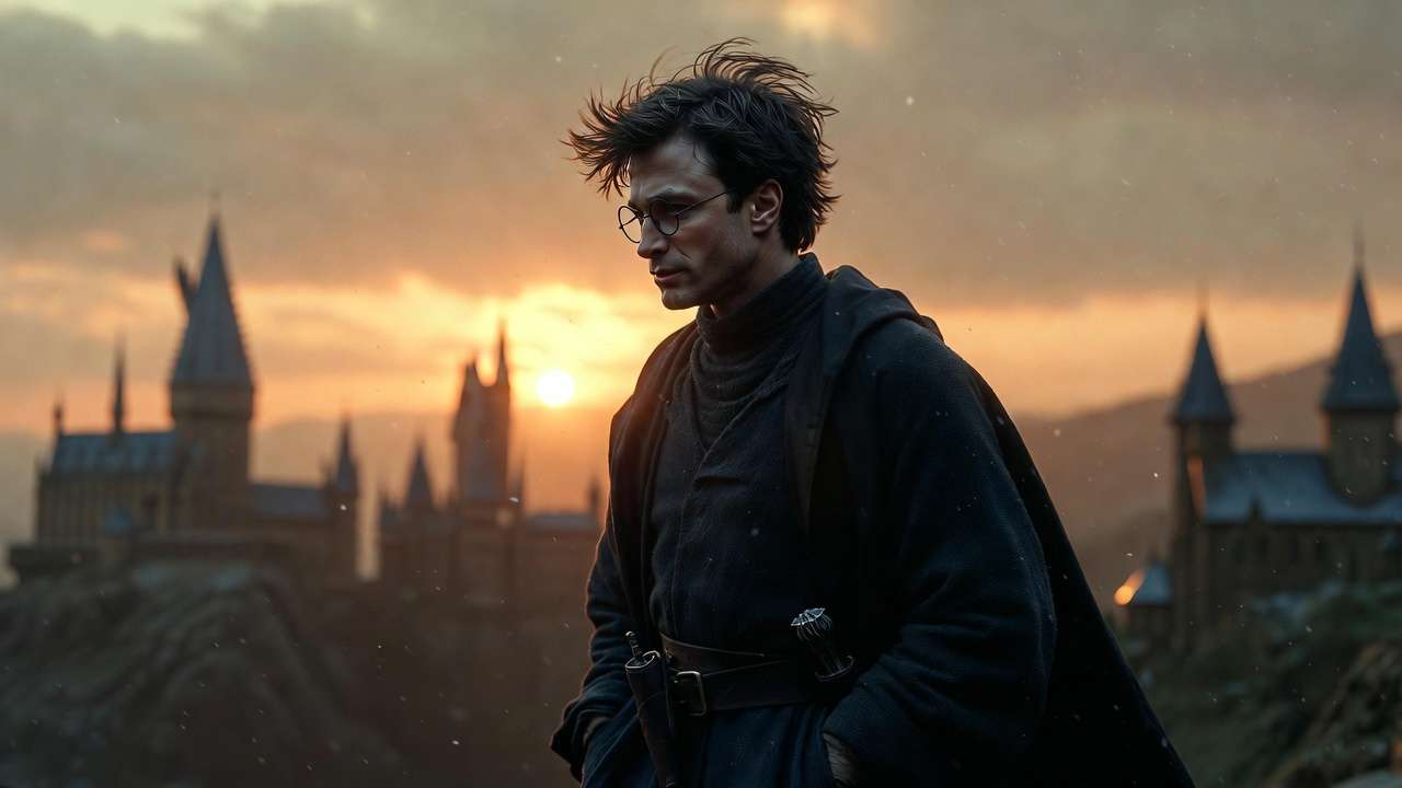 Adult Harry Potter at full canon height standing confidently at Hogwarts sunset representing final book growth and legacy
