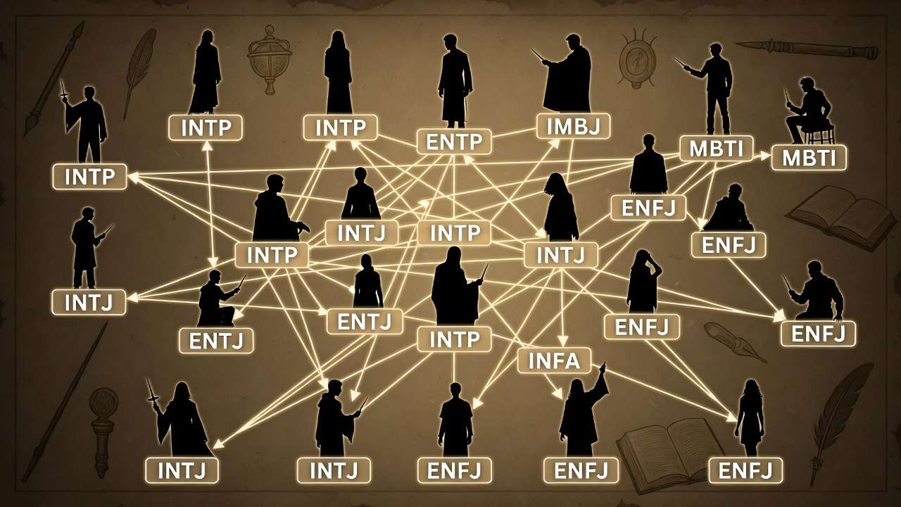 Harry Potter characters connected to MBTI types in magical flowchart