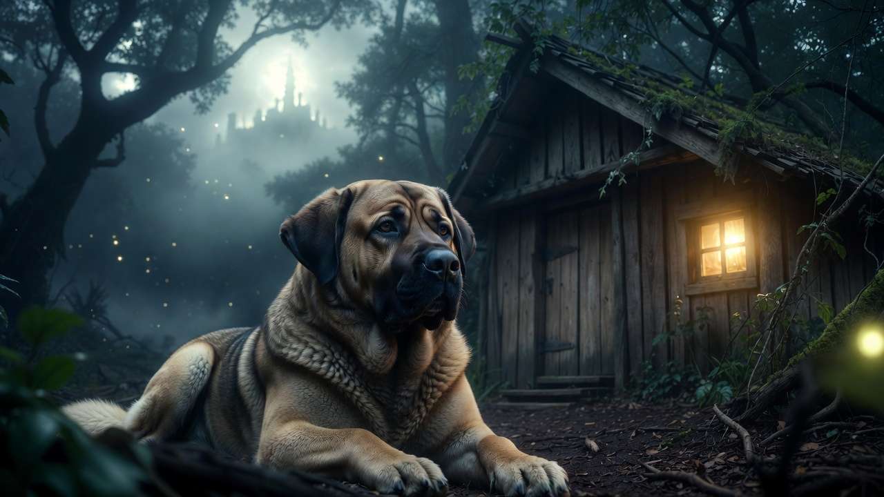 Large boarhound dog like Fang from Harry Potter in Forbidden Forest setting