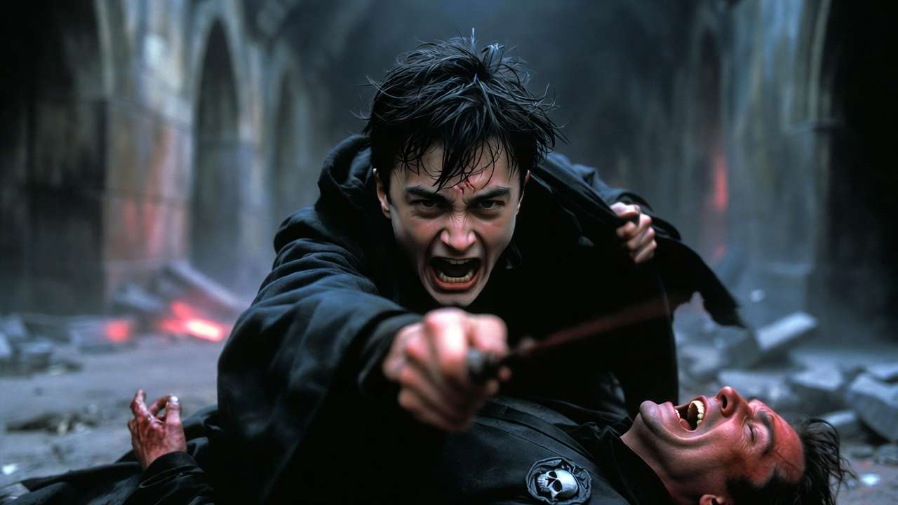 Harry Potter successfully casting Crucio on Amycus Carrow during the Battle of Hogwarts, intense moment of dark magic