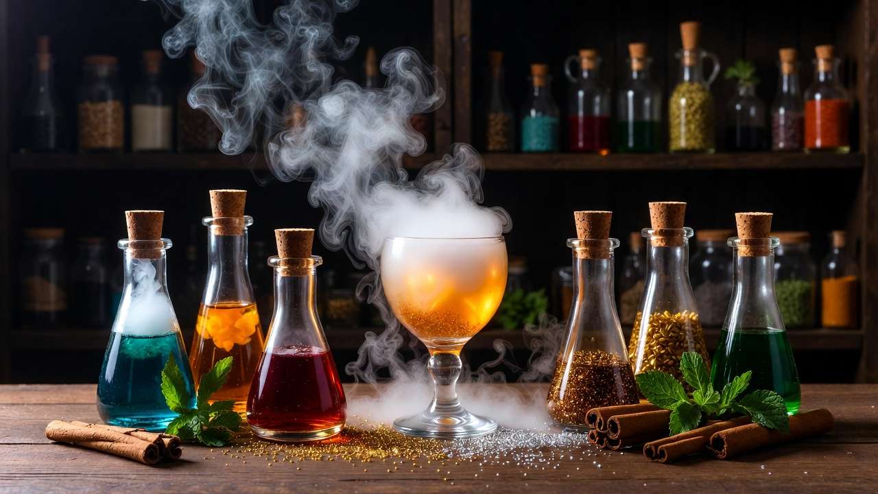 Magical drink presentation setup with potion bottles, dry ice smoke, edible glitter, and wizarding garnishes