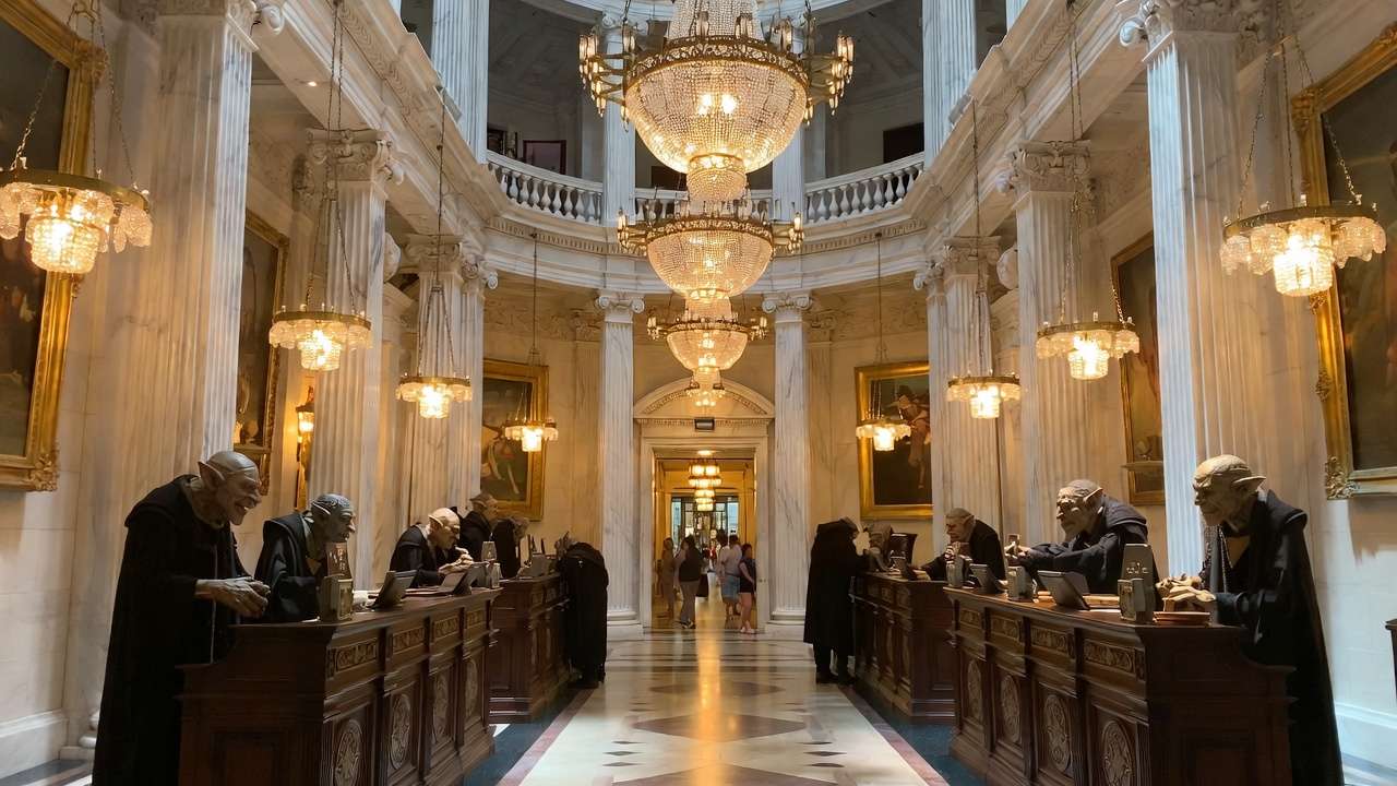 Grand marble lobby and goblin tellers in Gringotts Wizarding Bank queue at Universal Studios Florida