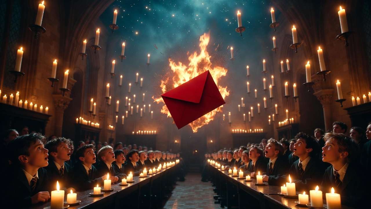 Epic explosion of a scarlet Howler in Hogwarts Great Hall with floating candles and shocked students, capturing the dramatic essence of Howlers in Harry Potter