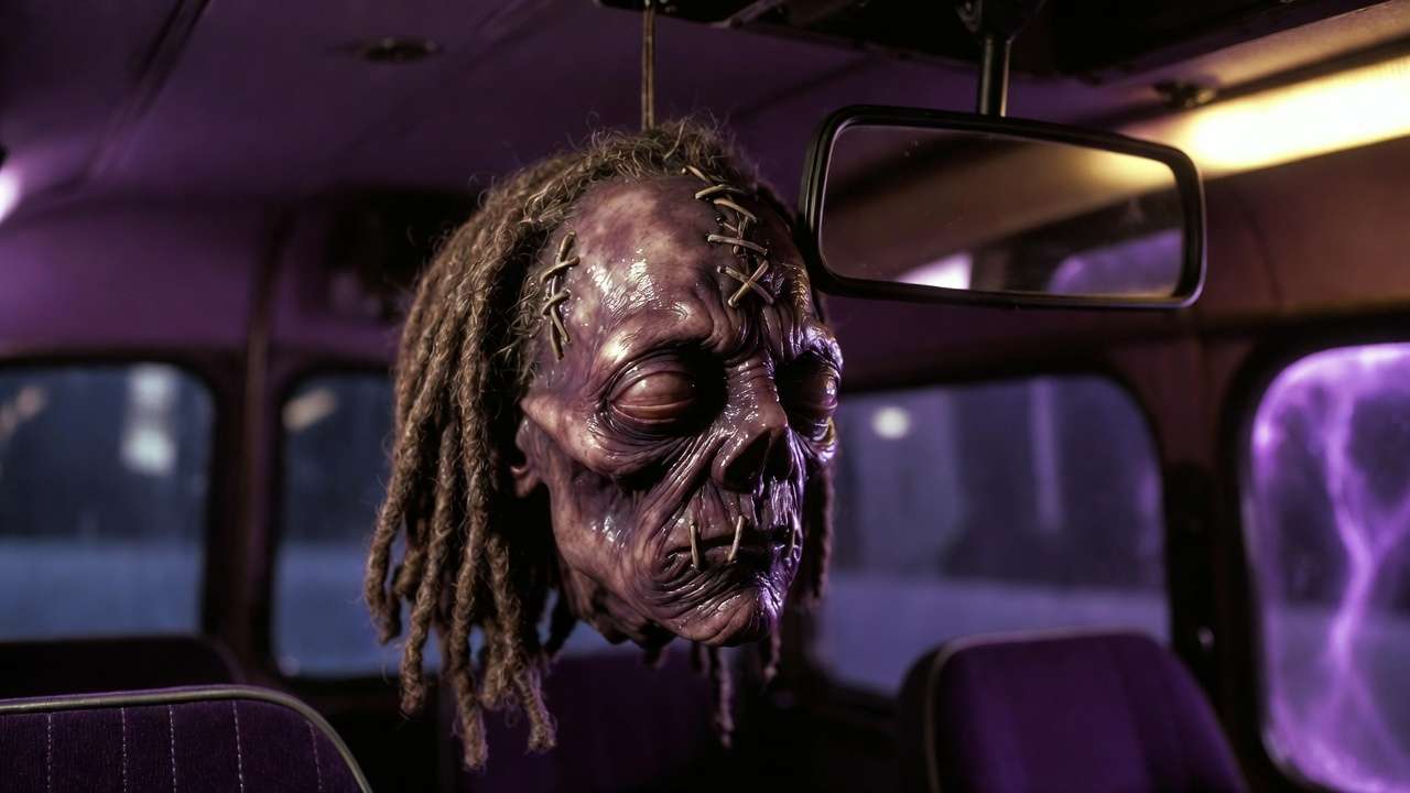 Close-up of Dre Head the talking shrunken head on the Knight Bus Harry Potter