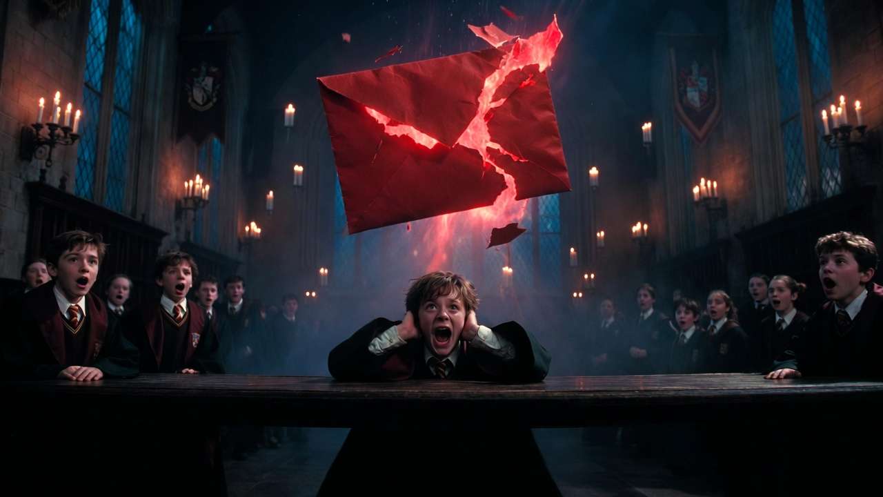 Behind-the-scenes Harry Potter Howler special effects explosion with pyrotechnics and confetti shreds on film set