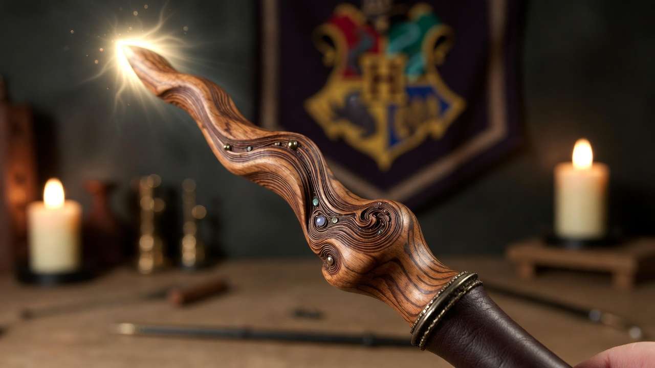 Handmade wooden wizard wand glowing with magic on a crafting table