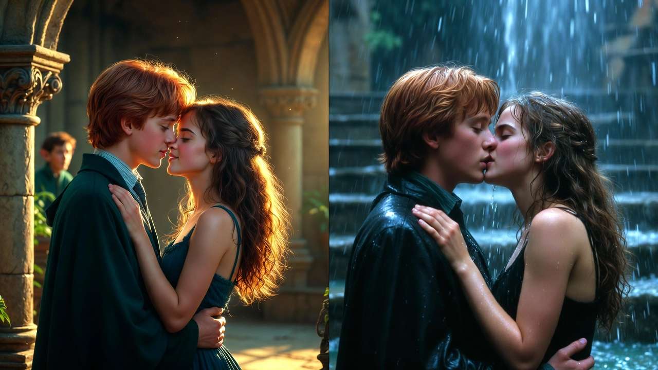 Book vs movie Ron and Hermione kiss comparison Chamber of Secrets Deathly Hallows visual differences