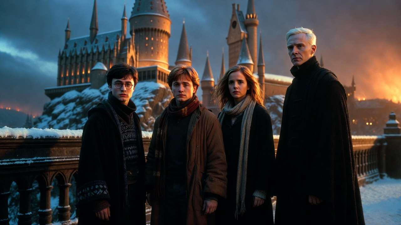 Harry Potter height comparison with Ron, Hermione, and Draco on snowy Hogwarts bridge showing book and film differences