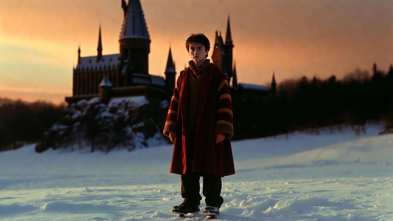 Low-angle shot of Daniel Radcliffe as Harry Potter using shoe lifts for height adjustment in Harry Potter films