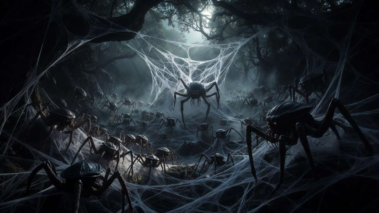 Aragog's massive Acromantula colony lair in the Forbidden Forest with hundreds of spiders and thick webs