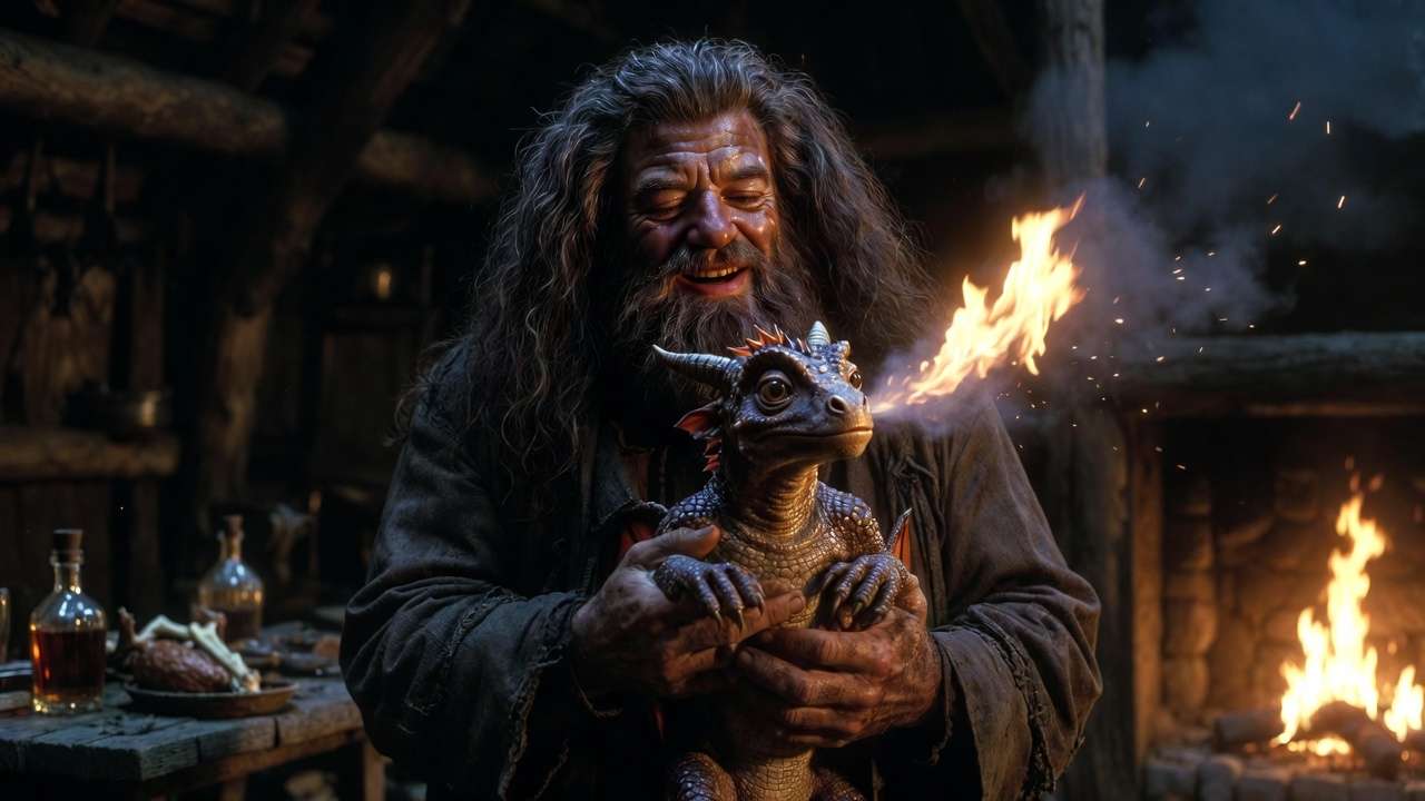 Hagrid lovingly holding baby Norbert dragon in his hut, Harry Potter Philosopher's Stone