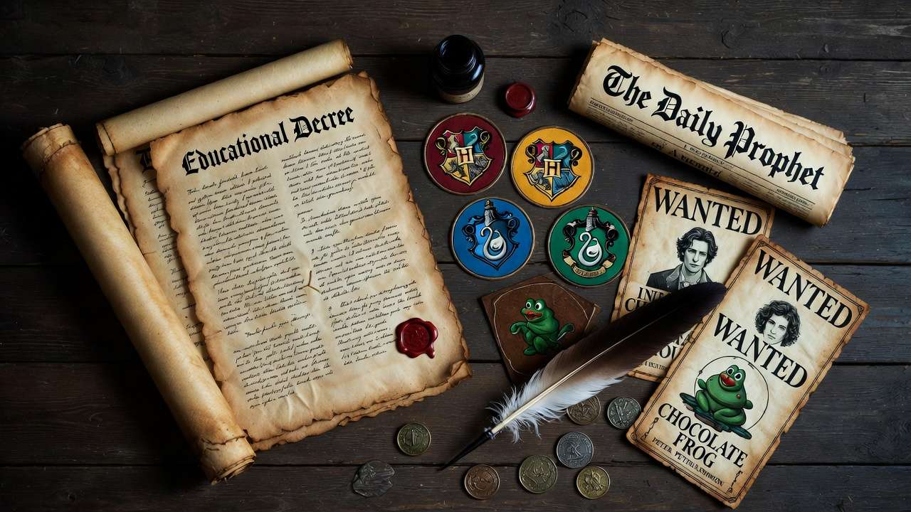 Flat-lay of Harry Potter printables including Educational Decrees, Daily Prophet, and house crests