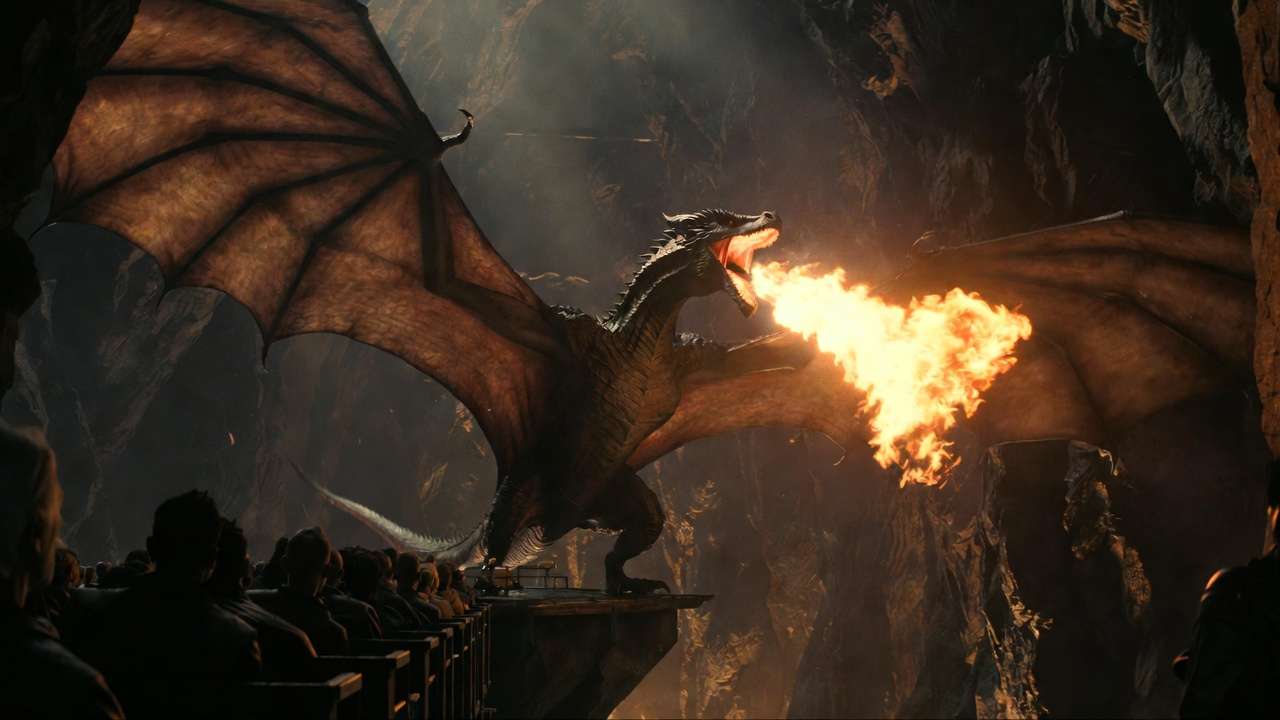 Fire-breathing dragon finale moment on Harry Potter and the Escape from Gringotts ride at Universal