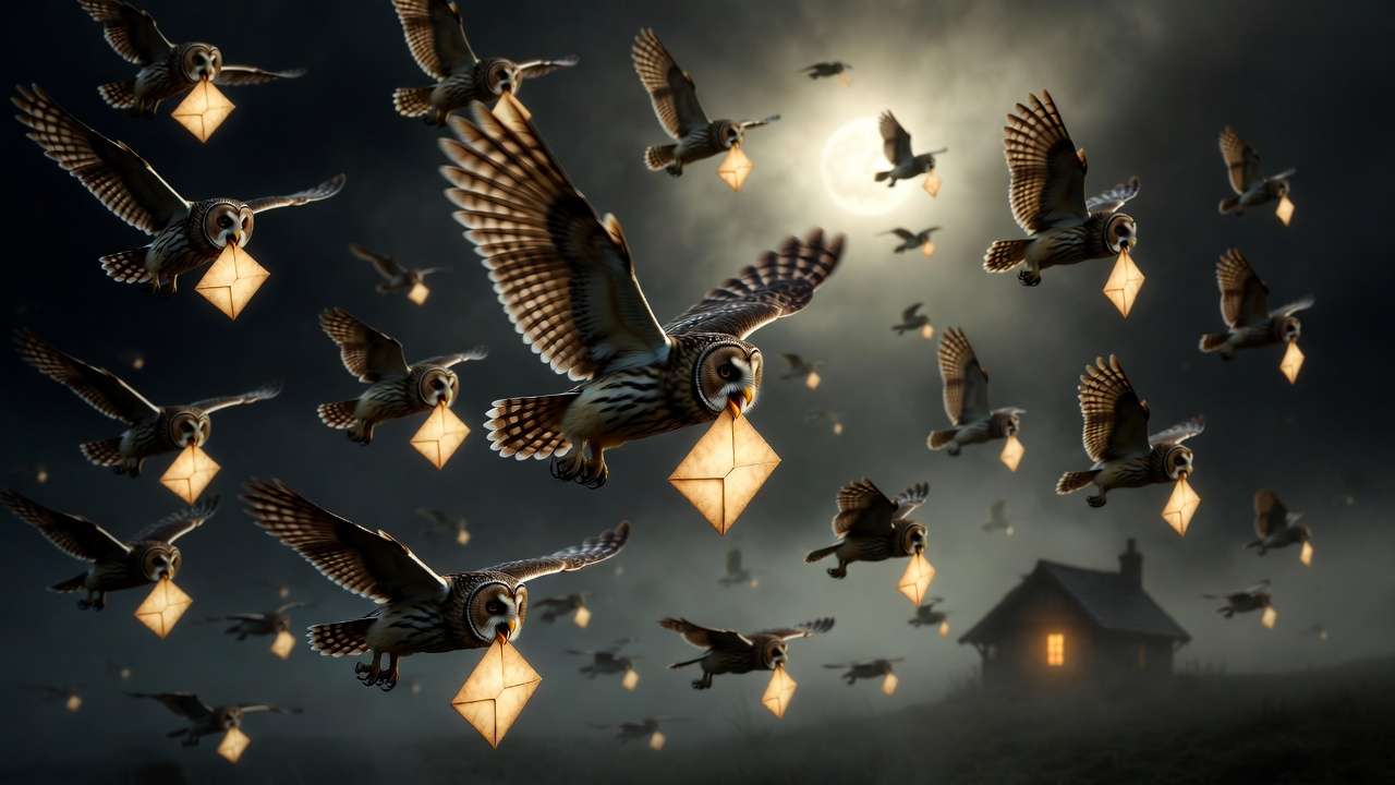 Magical owls delivering Hogwarts acceptance letters at night, fantasy Harry Potter scene with flying parchment envelopes