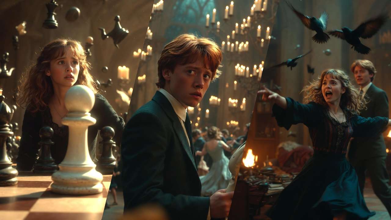 Ron and Hermione early romantic tension moments Yule Ball and Gryffindor common room Harry Potter