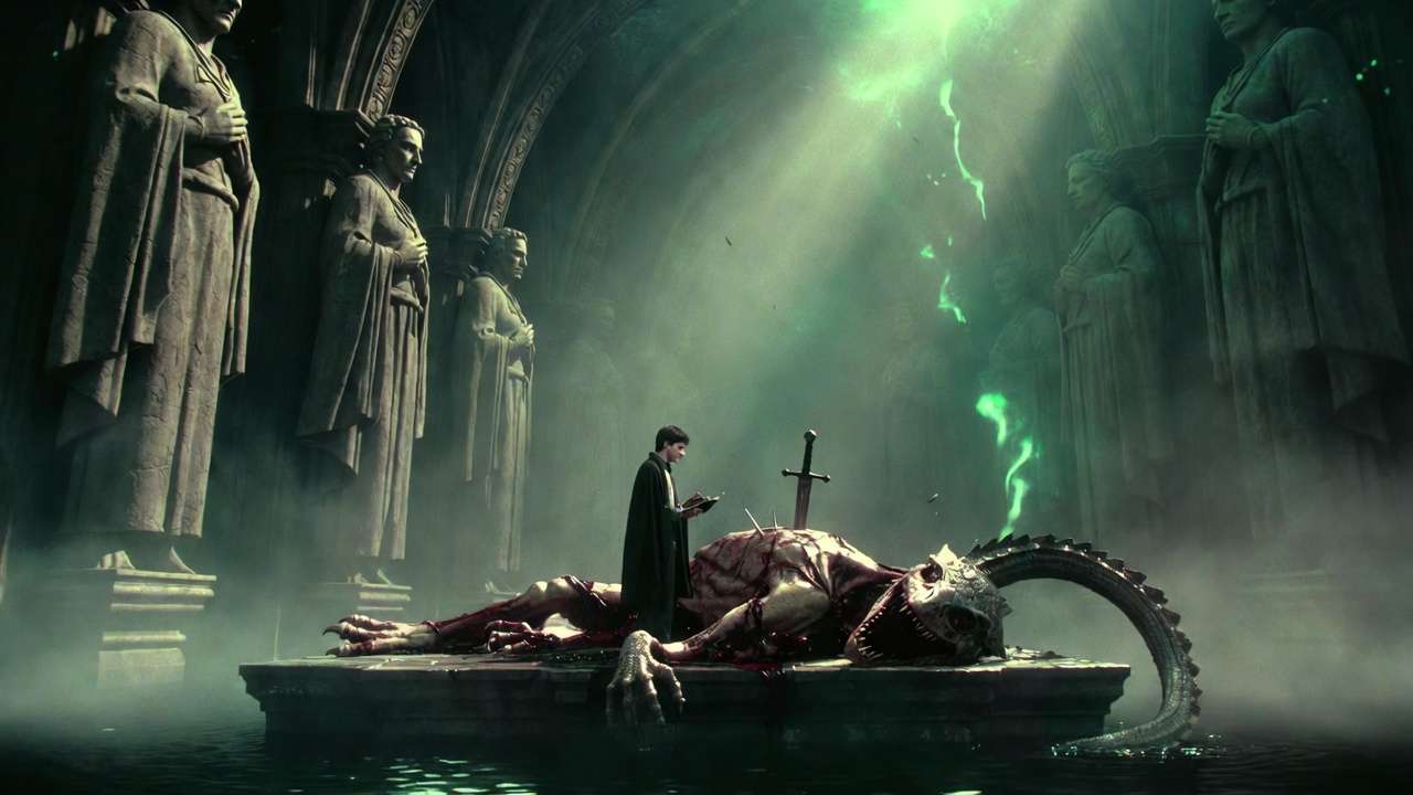 Victorious Harry Potter in the Chamber of Secrets after defeating the Basilisk and diary Horcrux