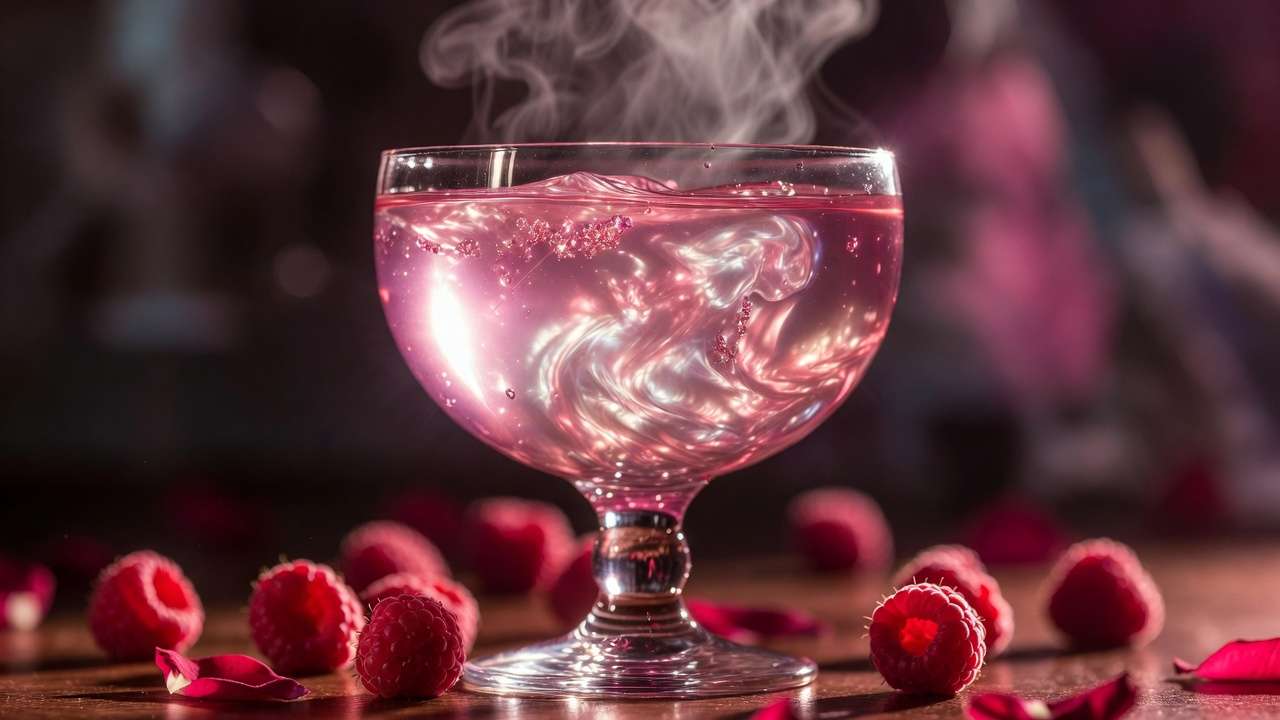 Shimmering pink Amortentia love potion in a glass with glitter and romantic steam effect