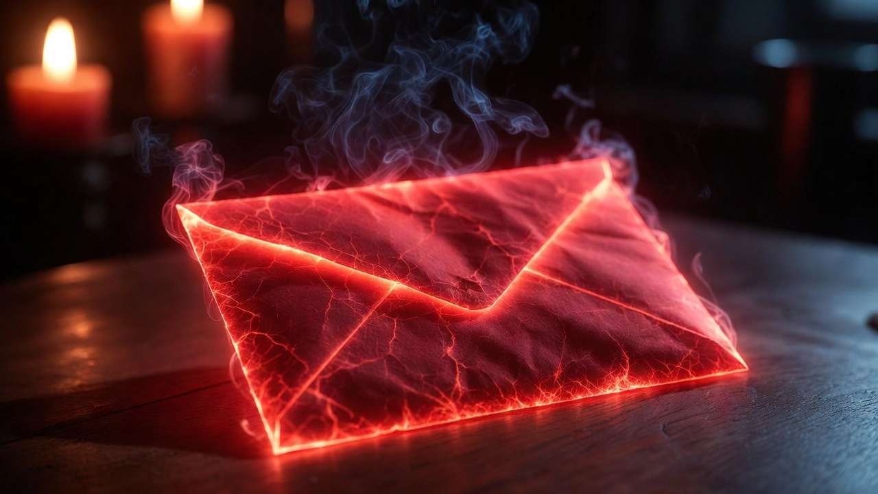 Close-up of a scarlet red Howler envelope smoking and trembling in Harry Potter, showing classic magical angry letter appearance