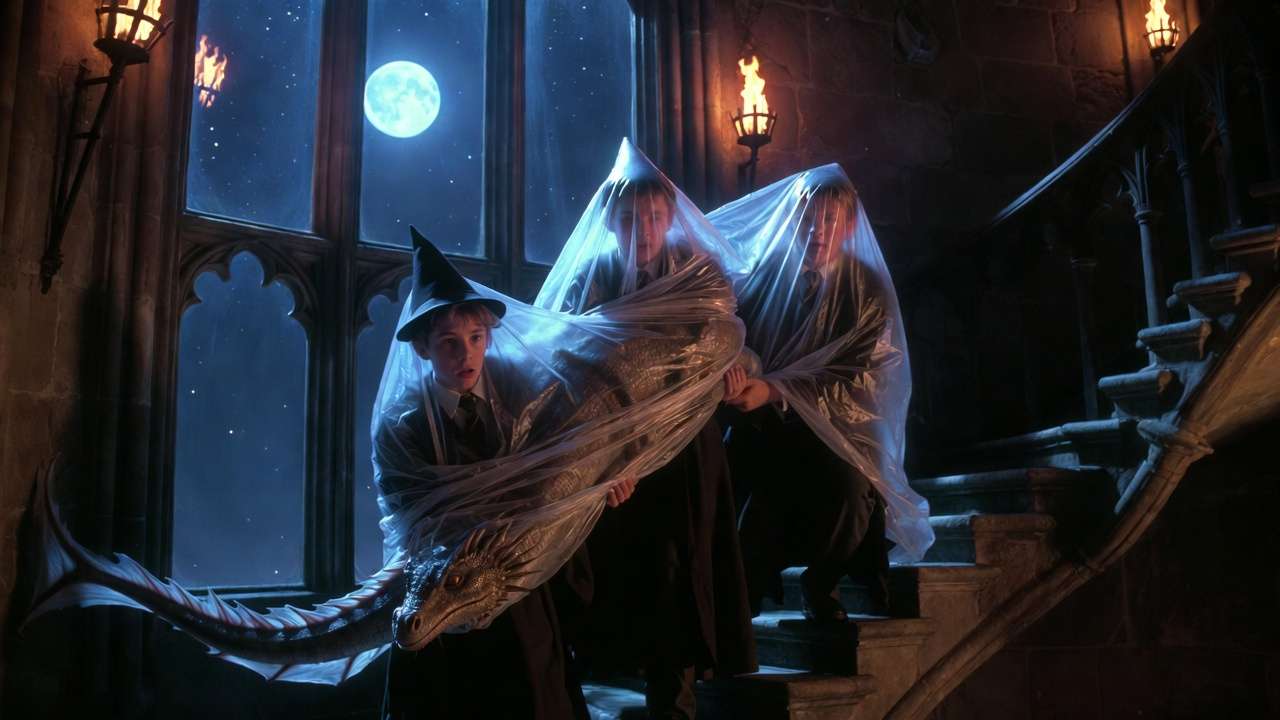 Harry, Ron, and Hermione smuggling Norbert dragon to the Astronomy Tower, Harry Potter