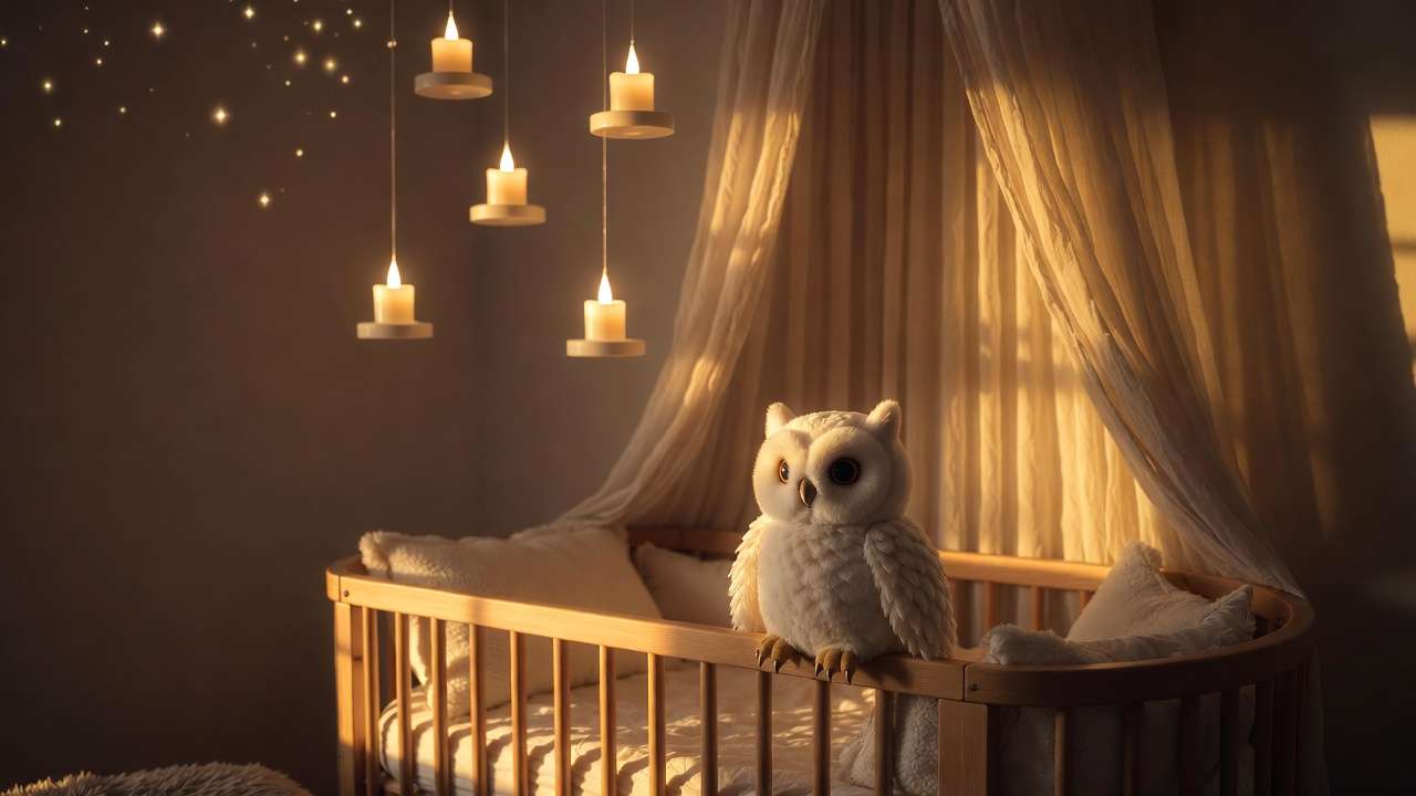 Cozy Harry Potter nursery with Hedwig plush, floating candles, and starry ceiling for baby