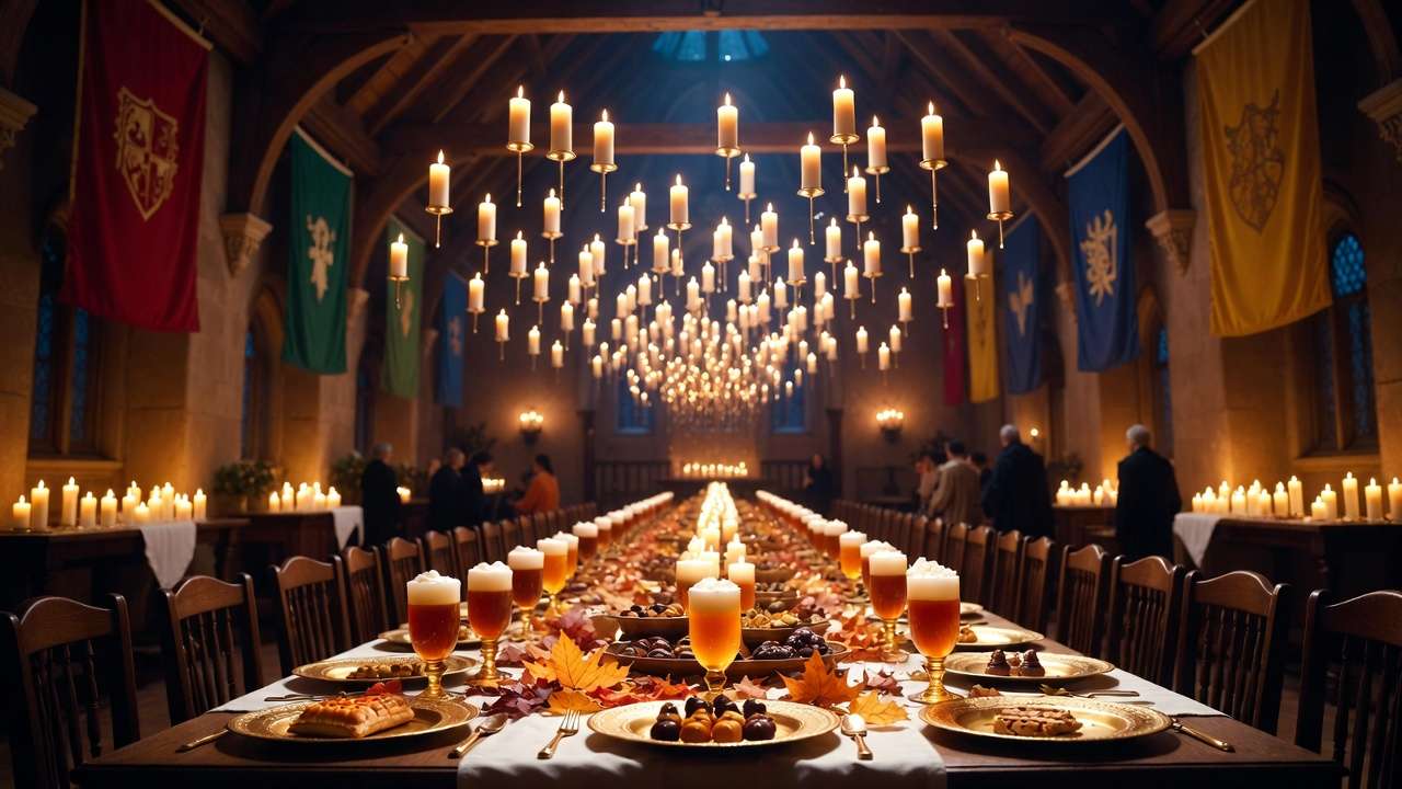 Great Hall style table setup with floating candles and house banners for Harry Potter party decorations