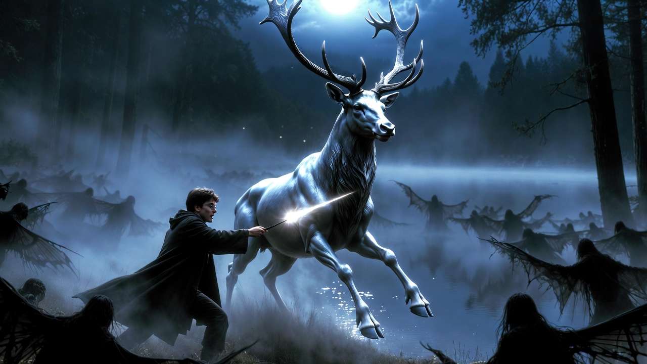 Harry Potter casting Expecto Patronum with silver stag against Dementors iconic scene