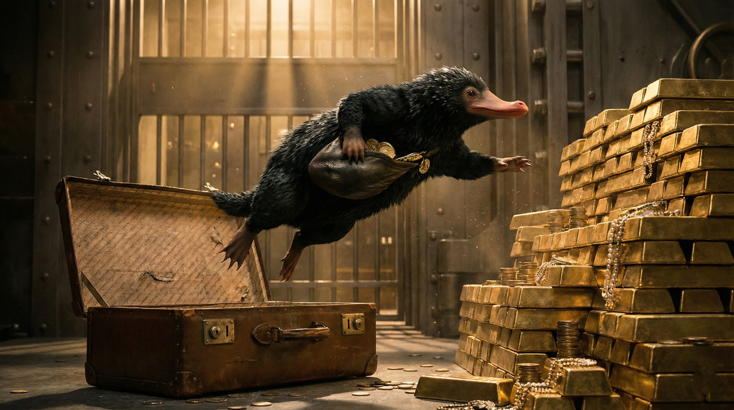 Harry Potter Niffler escaping with stolen treasure from Newt Scamander's suitcase in Fantastic Beasts bank scene