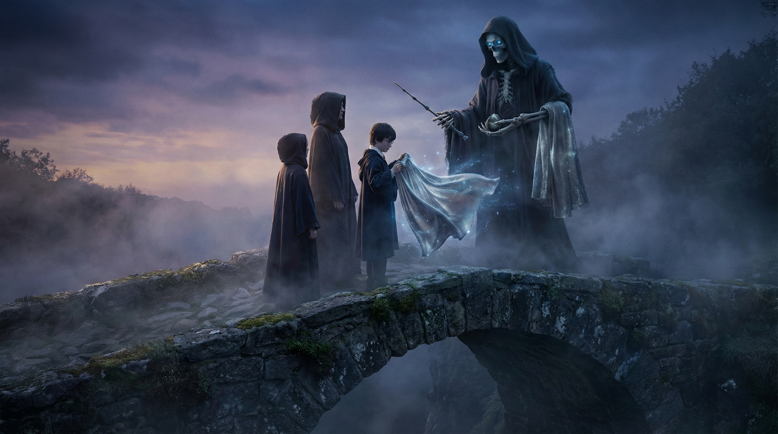 Illustration of the Tale of the Three Brothers from Harry Potter, showing the Deathly Hallows origin with the youngest brother receiving the Cloak of Invisibility