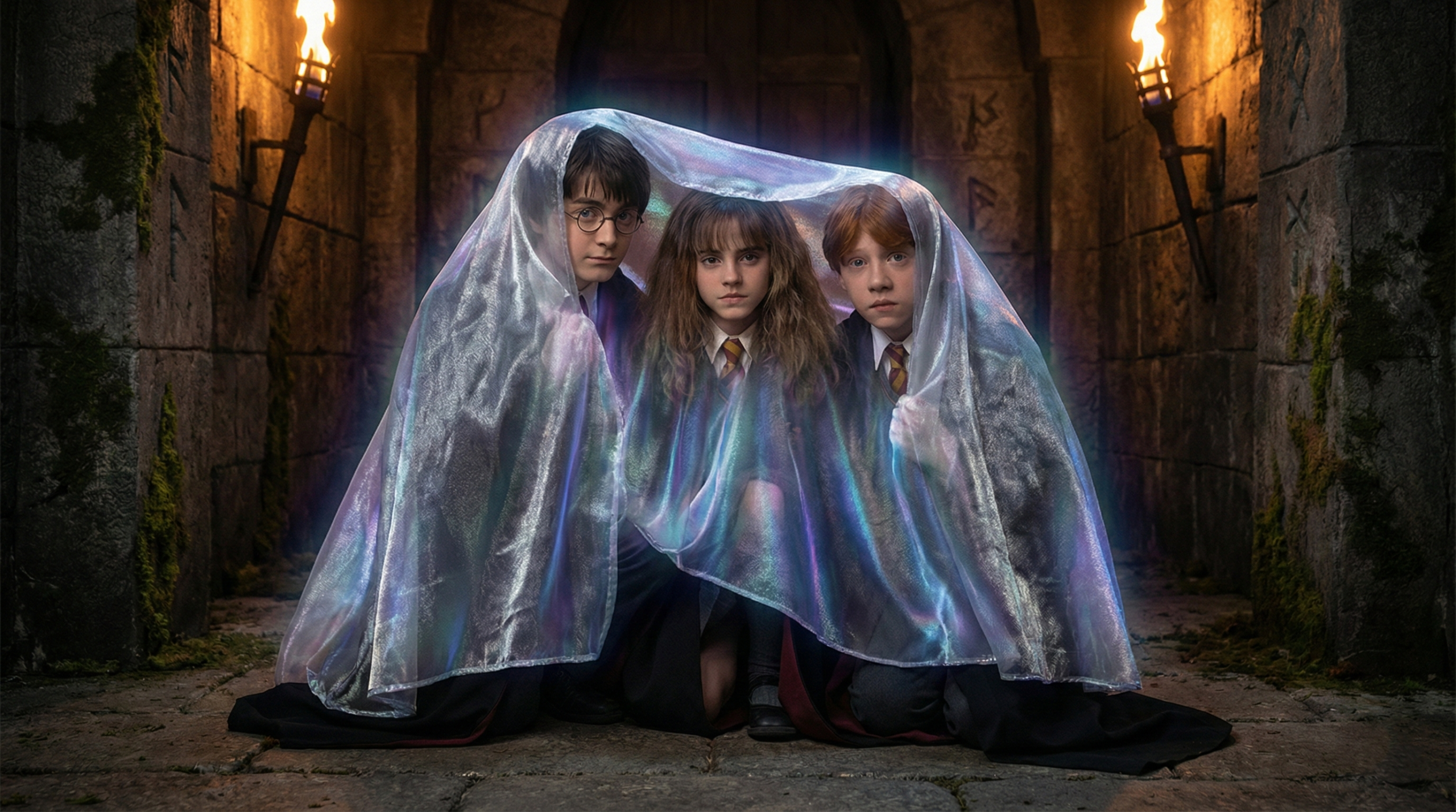 Harry, Ron, and Hermione hiding together under the Cloak of Invisibility, demonstrating its protective shielding power