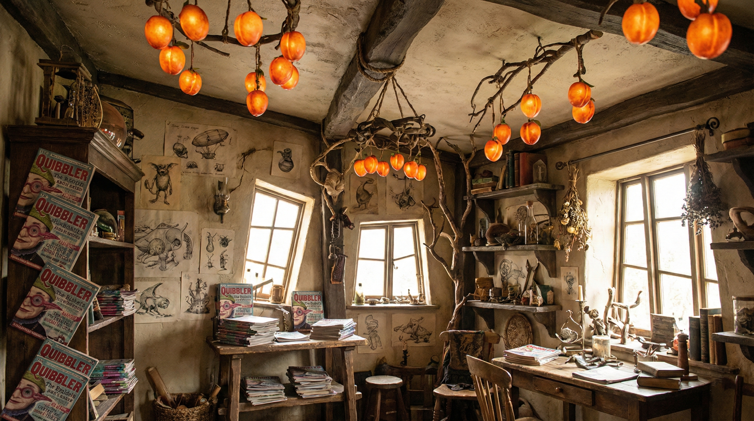 Interior of Xenophilius Lovegood's eccentric home with hanging dirigible plums and stacks of The Quibbler in Harry Potter and the Deathly Hallows