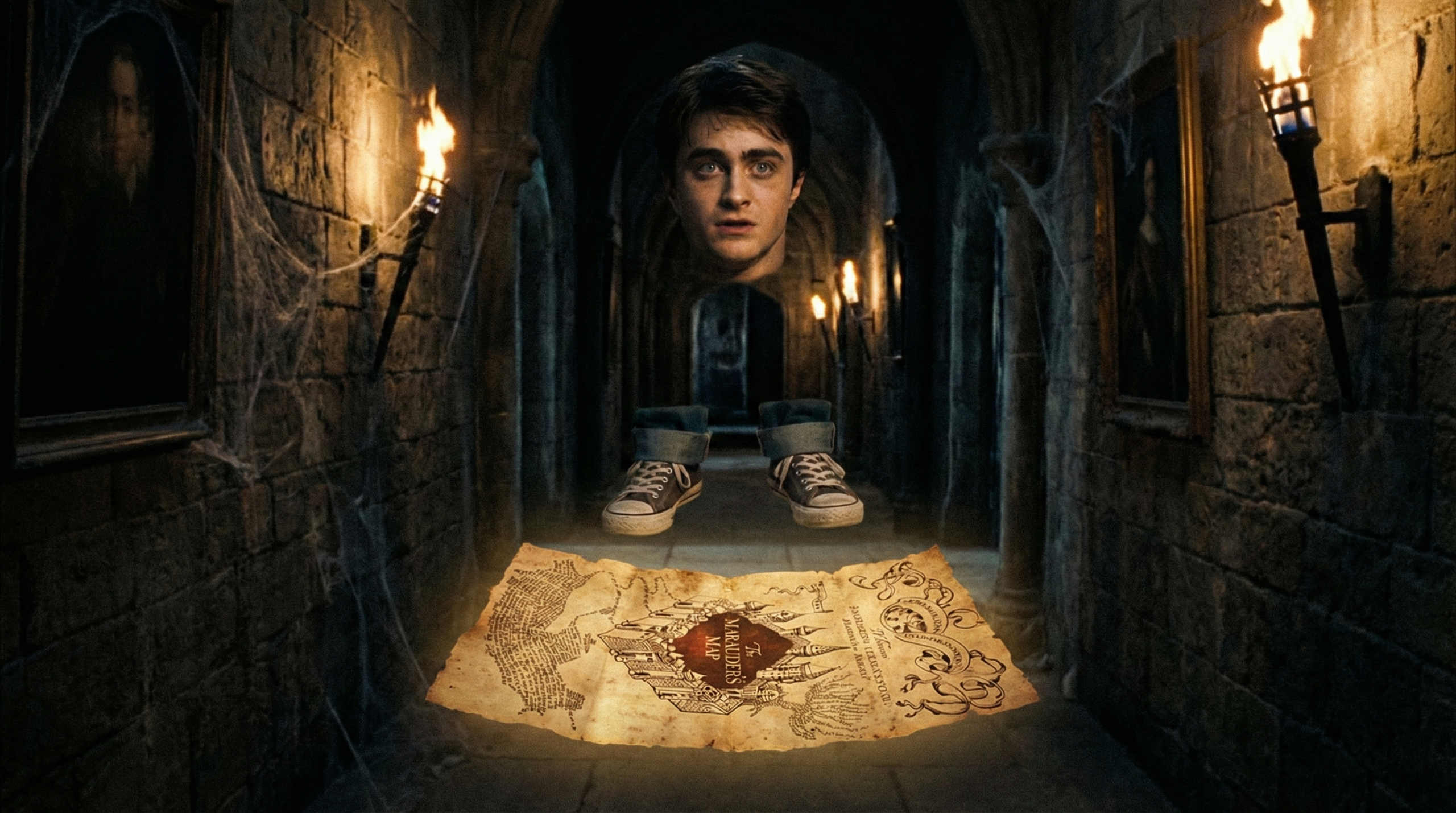 Harry Potter sneaking through Hogwarts corridors under his invisibility cloak with the Marauder's Map, classic early series moment