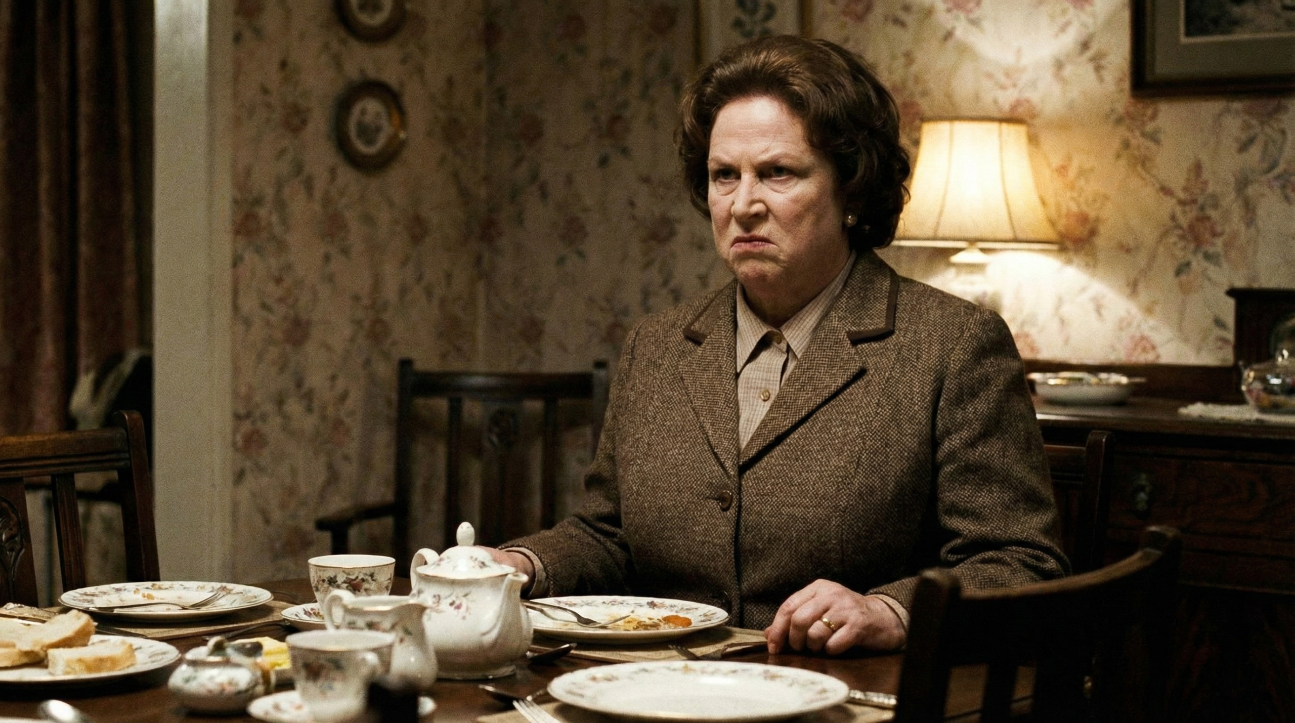 Pam Ferris as Aunt Marge Dursley at the Privet Drive dinner table in Harry Potter and the Prisoner of Azkaban