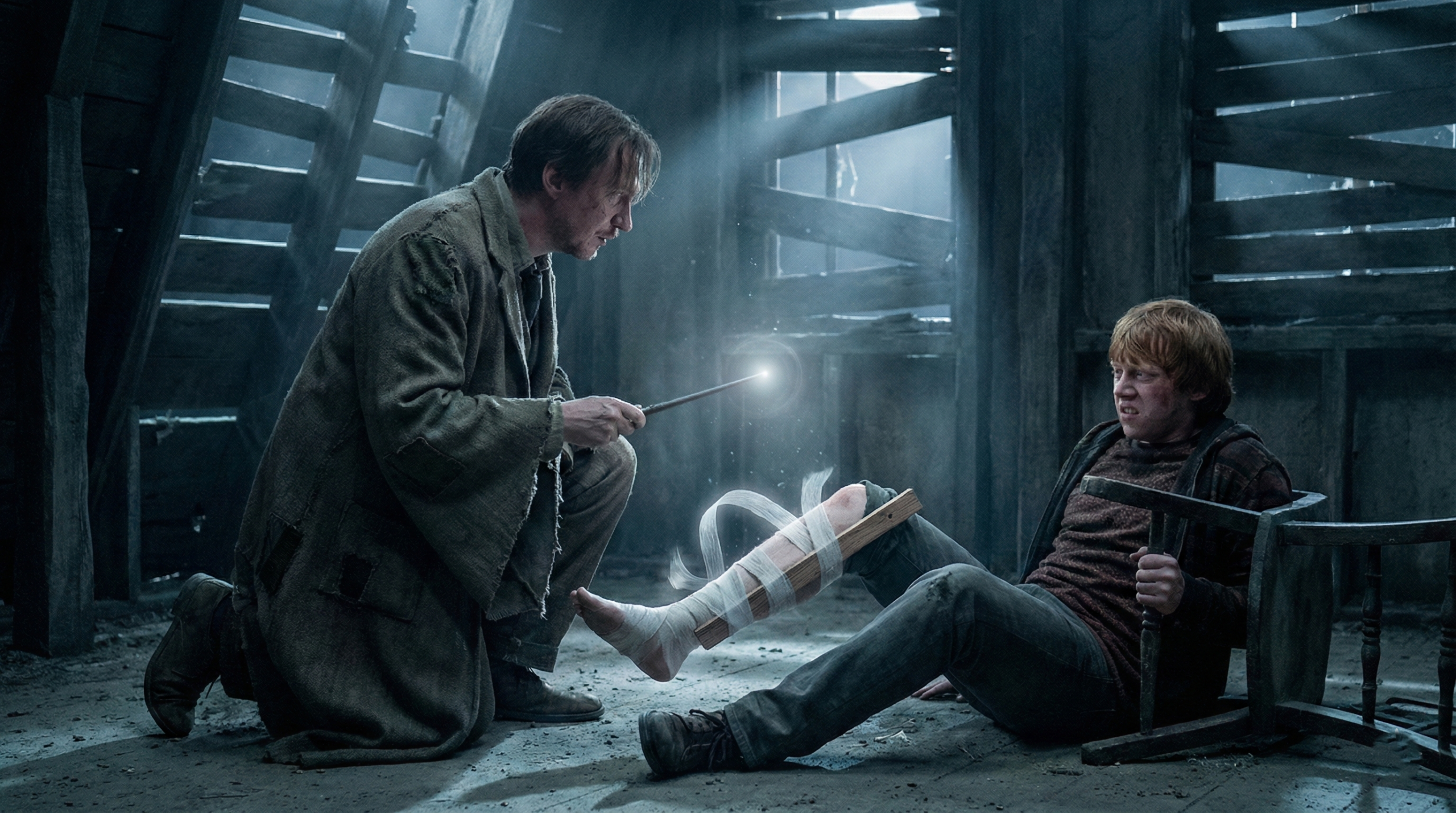 Remus Lupin casting Ferula to bandage Ron Weasley's broken leg in the Shrieking Shack